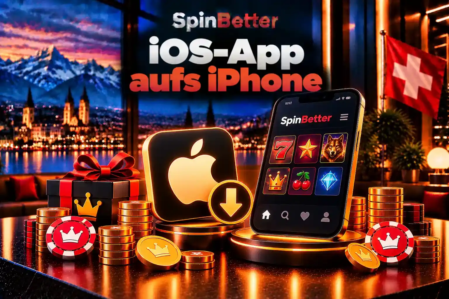 iPhone mit Slot-Lobby, Apple-Symbol mit Download-Pfeil und Geschenkbox