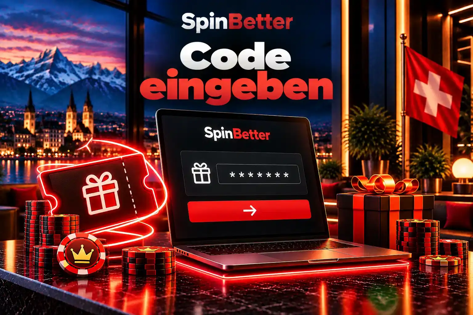 Laptop mit Eingabefeld für einen Aktionscode und Geschenkticket vor Schweizer Bergen