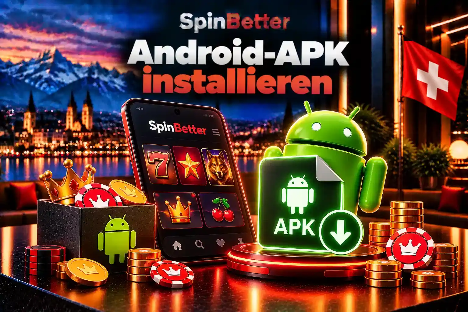 Smartphone mit Spiel-Lobby und grünem Android-Symbol mit APK-Download-Pfeil