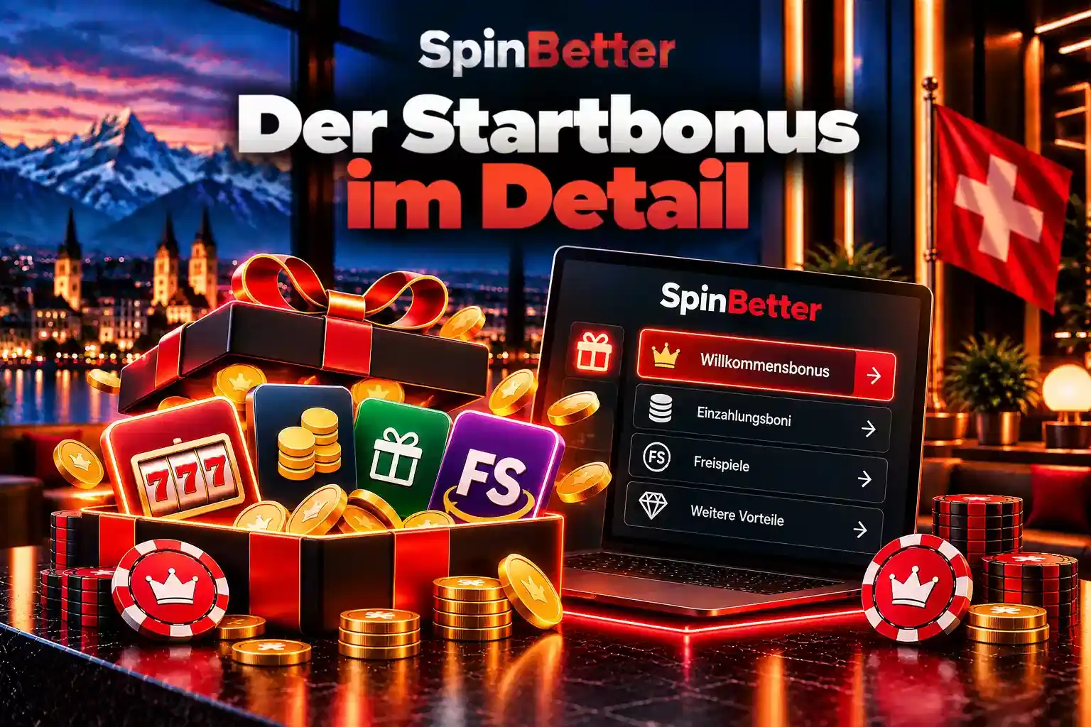 Geöffnete Geschenkbox mit Slot-, Münz- und Freispiel-Symbolen neben der Bonus-Übersicht