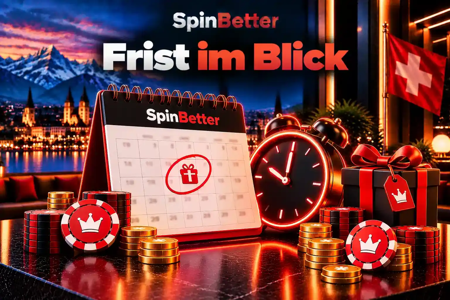 Kalender mit markiertem Geschenk und Wecker für die Umsatzfrist