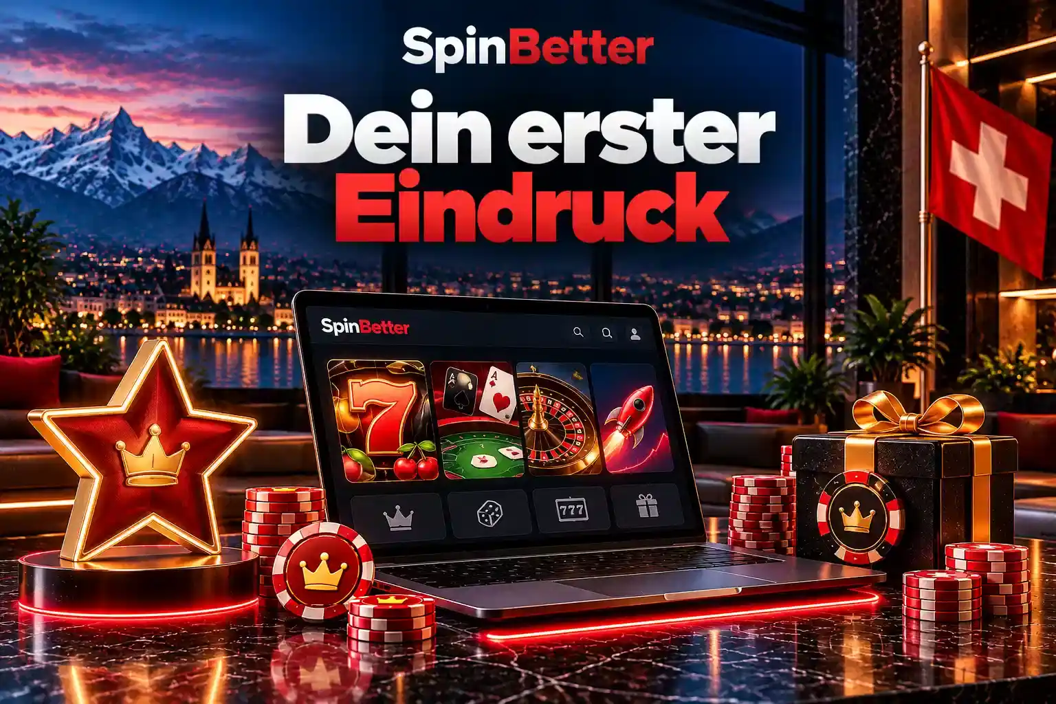 Laptop mit der Spielwelt von SpinBetter vor Schweizer Bergen und Fahne