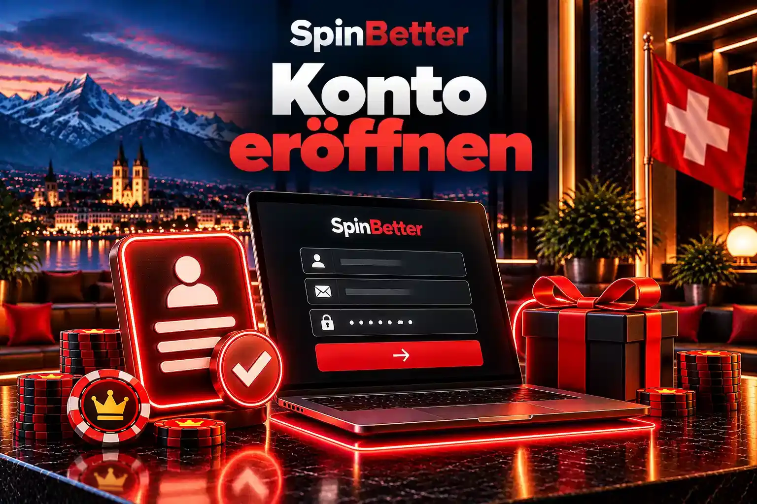 Laptop mit Anmeldeformular für Benutzername, E-Mail und Passwort vor Schweizer Bergen
