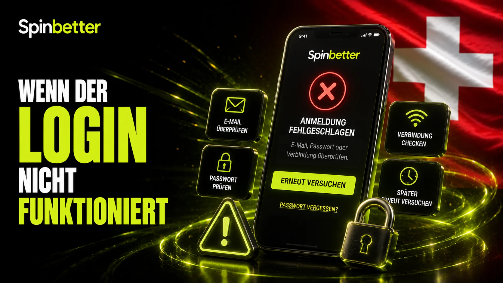 Smartphone mit Meldung «Anmeldung fehlgeschlagen» und vier Prüfhinweisen