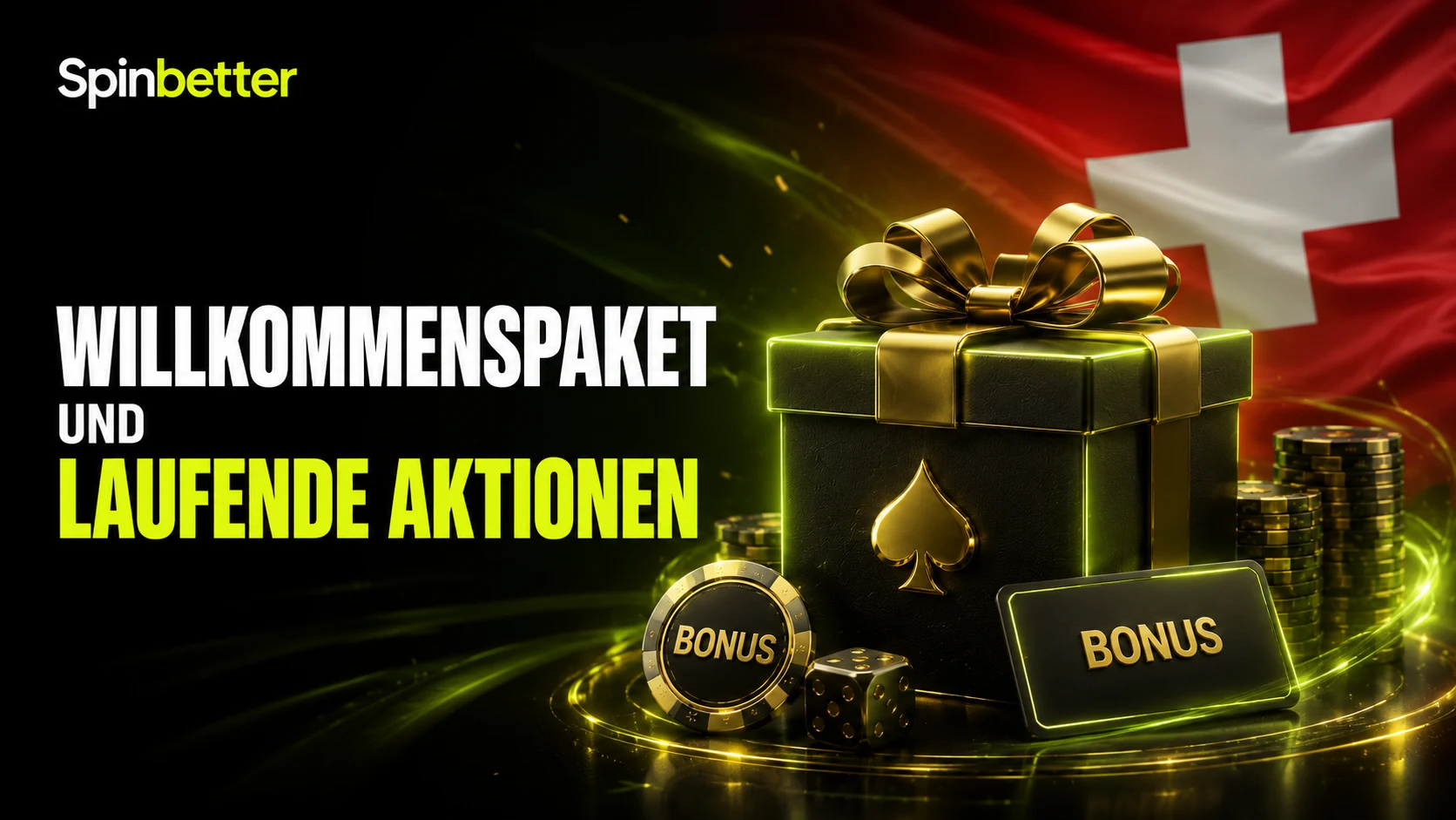 Geschenkbox mit Bonus-Chips vor der Schweizer Fahne für das Willkommenspaket